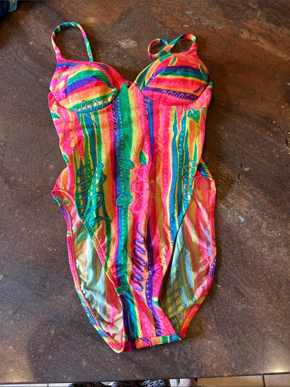 Vintage NWOT  Vibrant Rainbow Striped One-Piece Swimsuit size 10 approx yr 1999